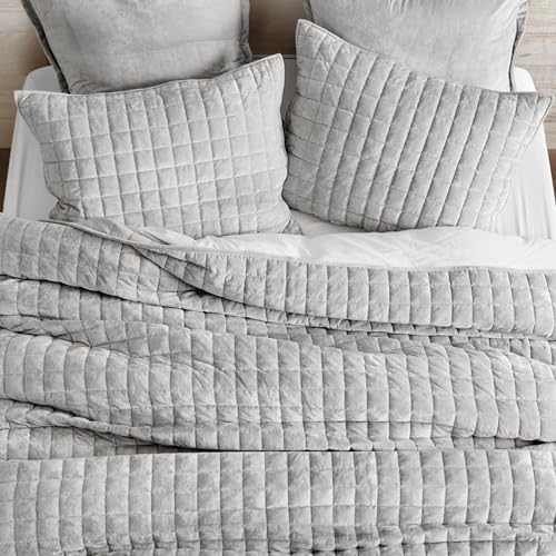 RECYCO Channel Box Stitch Velvet Quilt Set, Full Queen Size, Frost Gray - Image 3