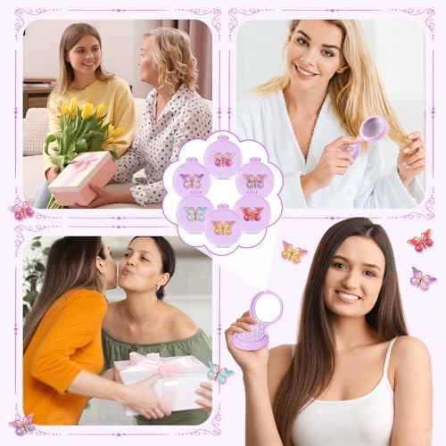 12 Pcs Purple Butterfly Mini Hair Brushes Folding Mirror Coquette Detangler Brush Bulk Round Compact Massage Scalp Comb for Purse Women Travel Team Gifts Trendy Stuff Party Favors - Image 6