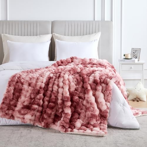60x80 Inches Ultra-Soft Fuzzy Faux Fur Plush Twin Size Blanket - Thick, Warm Sherpa for Couch, Sofa, Bedroom, Camping - Decorative Blanket for Cozy Warmth, Bubble Dusty Rose Tie Dye - Image 6