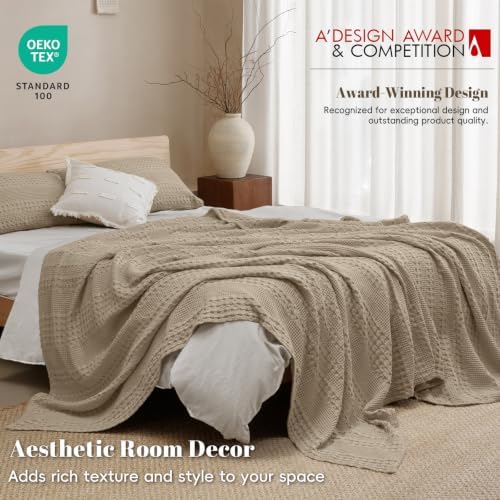 PHF Lightweight 100% Cotton Waffle Blanket for Bed, Queen, Taupe - Image 4