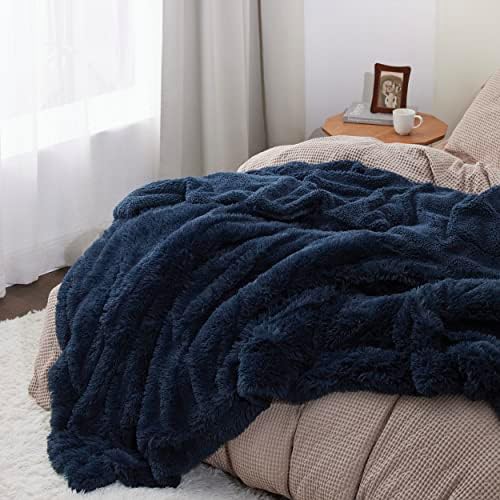 Bedsure Faux Fur Fluffy Sherpa Fleece Queen Bed Blanket Navy Blue 60"x80" - Image 4