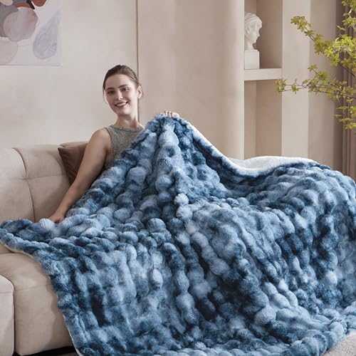 50x60 Inches Ultra-Soft Fuzzy Faux Fur Plush Throw Blanket - Thick, Warm Sherpa for Couch, Sofa, Bedroom, Camping - Decorative Blanket for Cozy Warmth, Bubble Dark Blue Tie Dye - Image 4