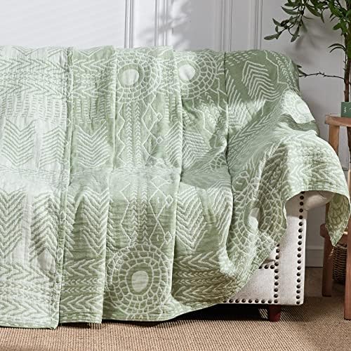 jinchan Boho 100% Cotton Muslin 50x60 Throw Blanket Lightweight 3-Layer Green Blanket Washable Reversible Breathable Decorative Geometric Striped Patterned Soft Cozy for Sofa Bed All Season Gift by JINCHAN