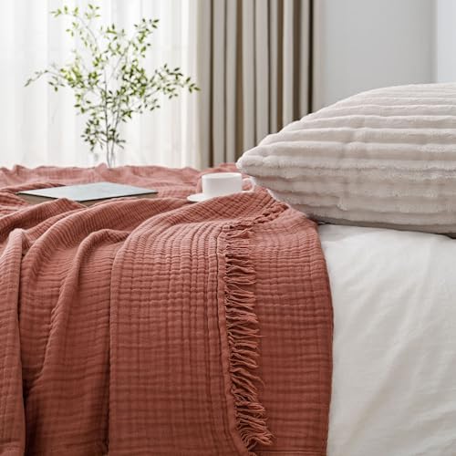Esterra Muslin Throw Blanket 50x65 Inches Cozy Soft Lightweight Pre-Washed Cotton Blanket, All Season Breathable 4-Layer Gauze Blanket Throw for Sofa Couch Bed, Copper Brown - Image 5