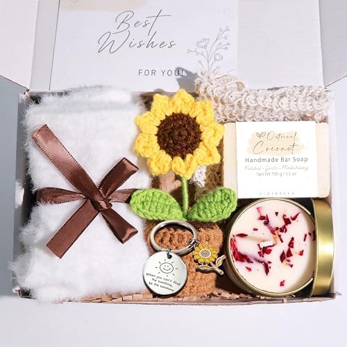Birthday Gifts for Women Self Care Spa Gift Basket Crochet Sunflower Scented Candle Handmade Soap Get Well Soon Thinking of You Gifts for Mom Sister Friend Teacher Wife Her Relaxation Care Package by SINIRELLA
