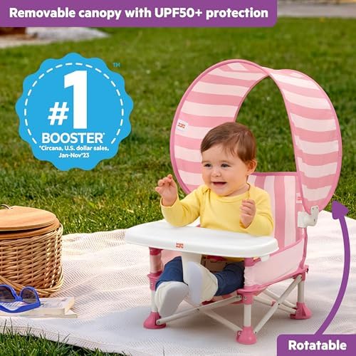 Bright Starts Pop 'N Sit Cabana Baby Beach Portable Booster Chair with UPF Canopy, Floor Seat for Indoor/Outdoor Use, Compact Fold, Pink, 6 Months–3 Years - Image 2