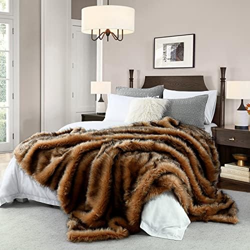 Luxury Plush Faux Fur Blanket Queen Size, Long Pile Brown with Black Tips, Oversized Super Warm, Fuzzy, Elegant, Fluffy Decoration Throw Blanket for Sofa, Armchair, Couch and Bed, 90"x90" by HORIMOTEHOME