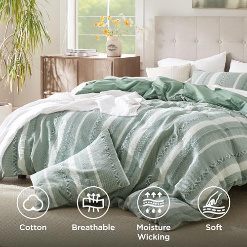 Bedsure PureWoven Boho Striped Cotton Waffle Duvet Cover Set, King, Green - Image 4