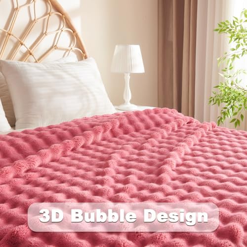 NEWCOSPLAY 3D Bubble Flannel Throw Blanket for Couch Coral Pink, 50"×60" - Image 5