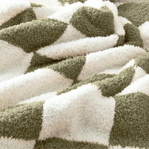 CozeCube Olive Green White Reversible Checkered Knit Throw Blanket 50"x60" - Image 3