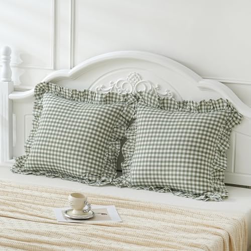 2 Pack Sage Green White Plaid Ruffle Euro Shams Pillow Covers 26x26 inches - Image 2