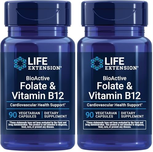 Life Extension BioActive Folate & Vitamin B12,Promotes Heart,Brain & GI Tract Health,Non-GMO,Gluten-Free,Vegetarian,90 Capsules,(Pack of 2) by LifeExtension