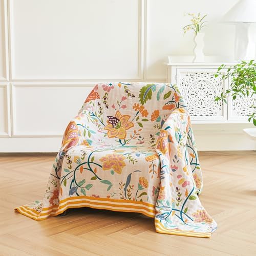 VANJOROY Boho Throw Blanket for Bed, 100% Organic Cotton Breathable Ultra Soft 50" x 60" Quilt Beige Throw - All Season Floral Farmhouse Decor Luxury Reversible Blanket for Sofa Couch Chair and Gift - Image 3
