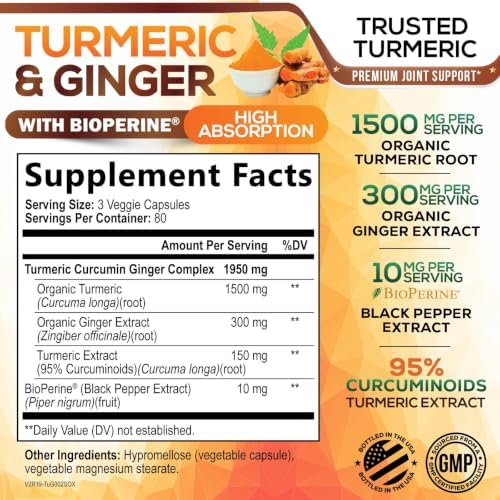 Turmeric Curcumin Supplement - 95% Curcuminoids with Organic Turmeric & Ginger, BioPerine Black Pepper Extract for Best Absorption, Natural Vegan Joint Support, Non-GMO, Bottled in USA - 240 Capsules - Image 2