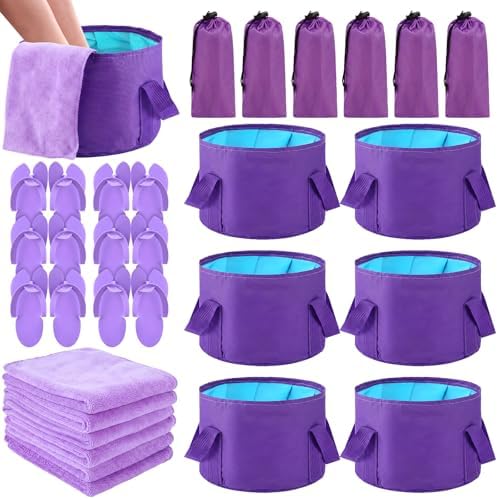 FillTouch 6 Sets Foldable Foot Bath Kit 15L Collapsible Foot Soaking Tub Bathroom Towels Women Adult Foldable Slippers with Storage Bag Spa Soak Pedicure Bath for Travel Camping (Purple) by FillTouch