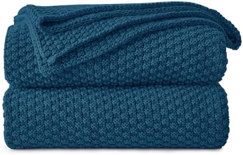Longhui bedding 100% Cotton Knitted Throw Blanket – Blue, Soft & Cozy, Machine Washable, 60"x80" – Perfect for Living Room, Couch, Sofa, Bed or Travel by LongHuiBedding