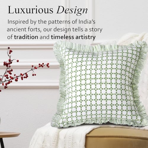 CPC Kelly Green Hand Block Print 100% Cotton Ruffle Throw Pillow Cover 18x18 inch with Hidden Zipper Decorative for Couch, Bed, Sofa, Farmhouse, Cottagecore Decor Gift Christmas Fall Thanksgiving - Image 4