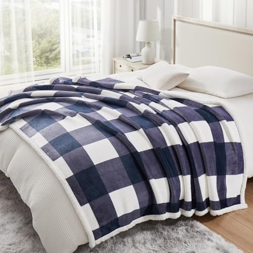 PU MEI Sherpa Blanket Fleece Throw Blanket Full Queen Plaid Thick Bed Blanket, Soft Warm Cozy Blue Checkered Throw Blanket 80"*90" - Image 4