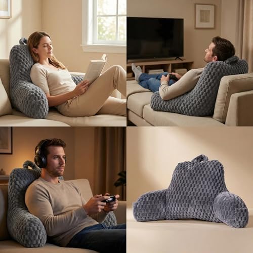 Reading Pillow for Bed, Adults Back Pillow for Sitting up, Husband Pillow for College Dorm, Back Support Cushion with arms for sit up on Couch, Sofa, and Floor,Gray - Image 2