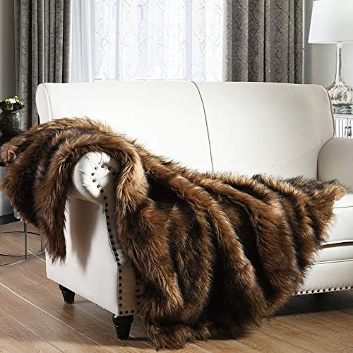 Luxury Plush Faux Fur Throw Blanket, Long Pile Brown with Black Tipped Blanket, Super Warm, Fuzzy, Elegant, Fluffy Decoration Blanket Scarf for Sofa, Armchair, Couch and Bed, 50''x 60'' by HORIMOTEHOME