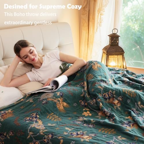 VANJOROY Boho 100% Cotton Large Throw Blanket - All Season Rustic Ultra Soft Breathable Floral Bird King Blanket for Bed Sofa Couch Chair Bedspread Quilt Gift, 91" x 98"-Teal/Beige - Image 4