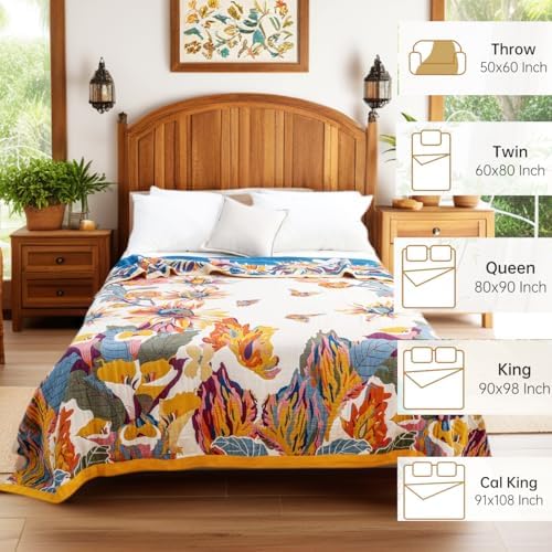 VANJOROY King Extra Large Boho Throw Blanket Oversized 91" x 108", 100% Organic Cotton Soft Bed Throw - Floral Bird Butterfly Pattern Farmhouse Blanket for Couch Sofa Chair and Gift. - Image 6