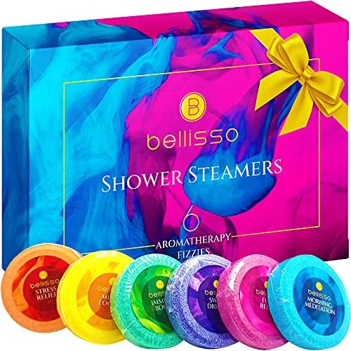 Aromatherapy Shower Steamers Gift Set, Six Fizzies - Uplifting, Relaxing, Stress Relief Scents for Women and Men - Self Care Home Spa Experience - Christmas Day Stocking Stuffers and Relaxation Gifts by Bellisso