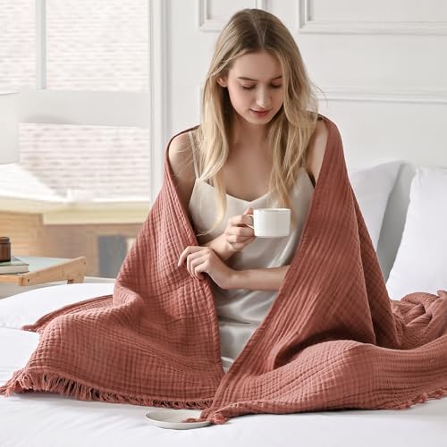 Esterra Muslin Throw Blanket 50x65 Inches Cozy Soft Lightweight Pre-Washed Cotton Blanket, All Season Breathable 4-Layer Gauze Blanket Throw for Sofa Couch Bed, Copper Brown - Image 4
