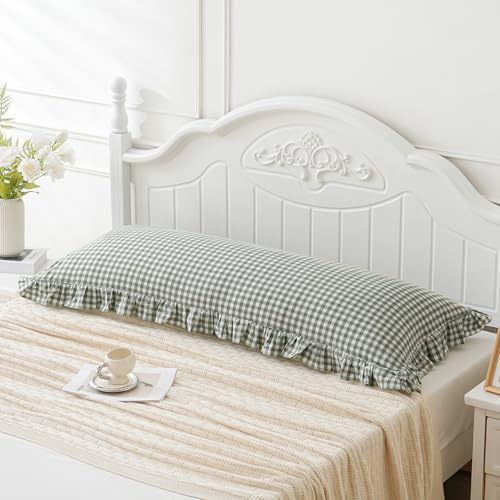 20x54 inches Green/White Plaid Ruffled Body Pillow Sham 1 Piece - Image 2
