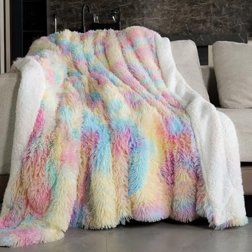 Pawque Faux Fur Sherpa Fleece Throw Blanket Twin Size 60x80 inches Rainbow by Pawque