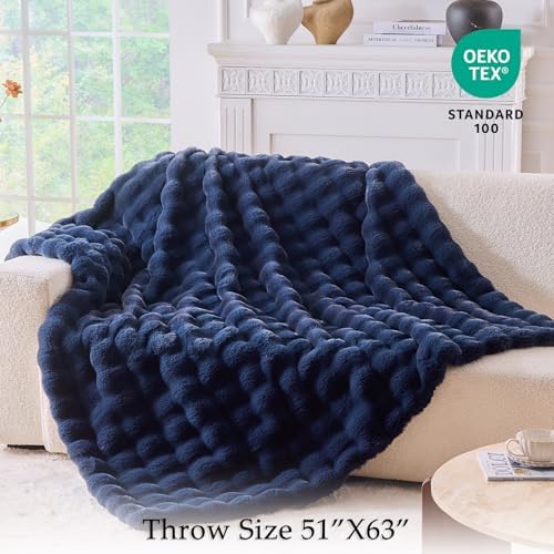 BENVWE Fluffy Faux Fur Throw Blanket for Couch, Soft Plush Thick Cozy Fuzzy Luxury Minky Bubble Blanket for Home Living Room Decor Gift for Women, Navy Blue, 51" x 63", 1100GSM - Image 2