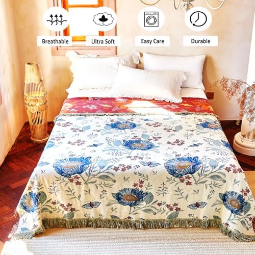 VANJOROY Boho Throw Blanket, 100% Organic Cotton Breathable Ultra Soft Bed Quilt Throw - All Season Floral Bird Butterfly Farmhouse Decor Blanket for Sofa Couch Chair and Gift. 60" x 80" - Image 3