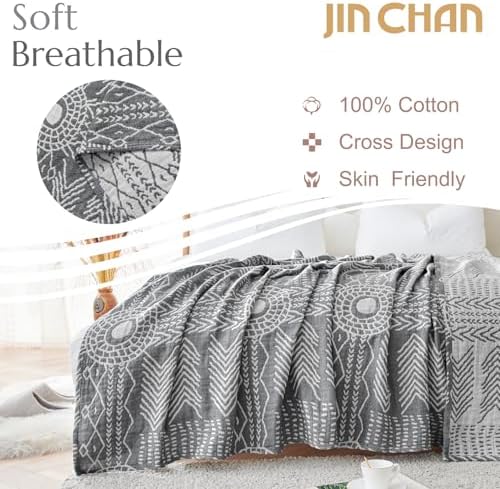 jinchan 100% Cotton Muslin Blanket Twin Boho Throw Blanket 50x60 Gray - Image 2