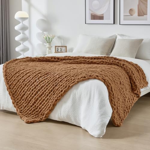 Bigacogo Chunky Knit Throw Blanket for Couch, 51x63 inches, Caramel by Bigacogo