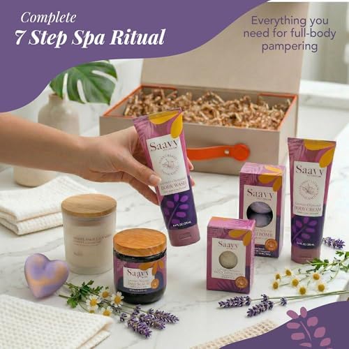 Saavy Naturals 9-Piece Spa Gift Set – Body Wash, Scrub & More – Plant-based Ingredients, Luxurious Spa Gift Basket for Women & Men –Mothers Day Gifts (Lavender Chamomile Gift Set) - Image 3
