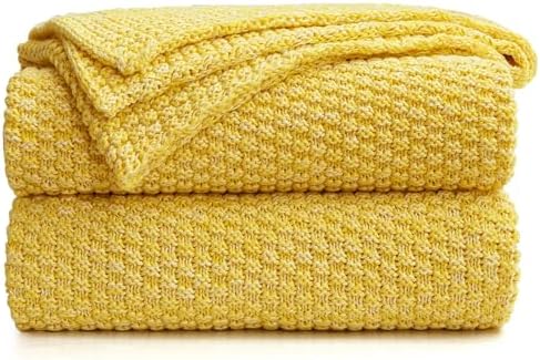 Longhui bedding 100% Cotton Knitted Throw Blanket – Yellow, Soft & Cozy, Machine Washable, 51"x63" – Perfect for Living Room, Couch, Sofa, Bed or Travel by LongHuiBedding