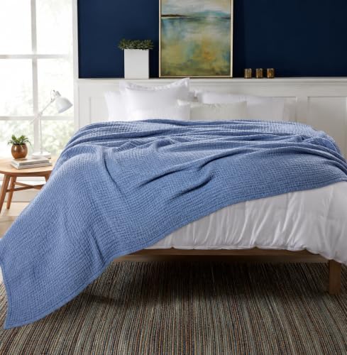 HILLFAIR 100% Combed Cotton Blanket– Twin Bed Blanket– Soft Cozy Warm Multipurpose Throws for Luxury Home Decor– 66 x 90 inch Twin XL Size Cotton Blankets for Beds- Bed Blankets for All Season- Blue - Image 2