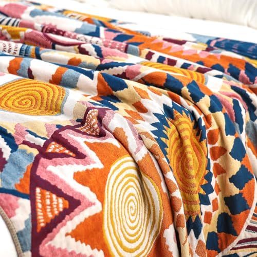 VANJOROY Boho Throw Blanket, 100% Organic Muslin Cotton Skin-friendly Breathable Ultra Soft Bed Quilt Throw - All Season Bohemian Decor Luxury Colorful Blanket for Sofa Couch Chair and Gift. 80" x 90" - Image 5