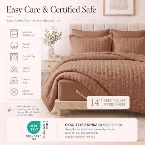 CozyLux Full Comforter Sets, 7 Pieces Mocha Mousse Seersucker Bed in a Bag - Image 5