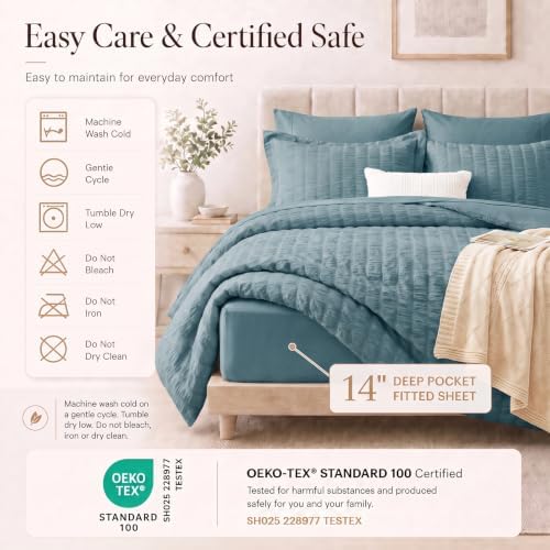 CozyLux Twin XL Comforter Set 5 Pieces Mineral Blue Seersucker Bed in a Bag - Image 5