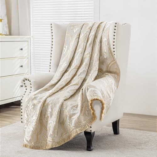 Loom and Mill Luxury Jacquard Throw Blankets for Bed, Beige Gold, 52" x72” by LoomandMill