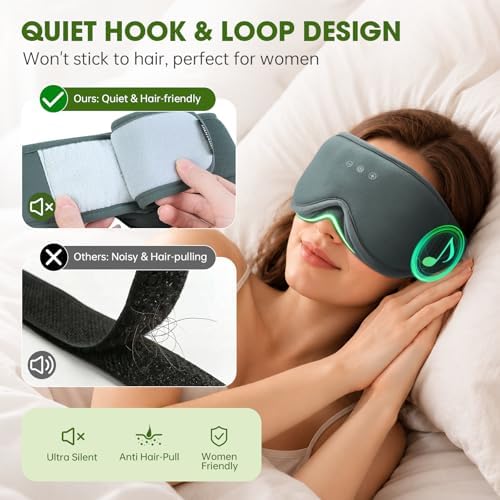 Bamboo Cotton Large Sleep Mask with Bluetooth Wireless Headphones - Blackout Eye Mask for Sleeping 3D Contoured Sleep Eye Cover Headband Ear Plugs Low Noise Hook for Men Women Better Experience (Grey) - Image 5