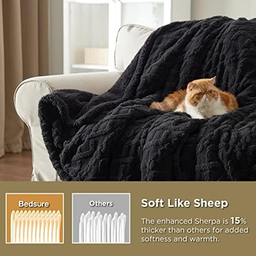 Bedsure Gentlesoft Sherpa Fleece Blanket Twin Size for Bed - Fluffy & Cozy Cable Jacquard Tufted for Women Gift, Thick and Warm Christmas Blanket for Winter, Black, 60x80 Inches - Image 3