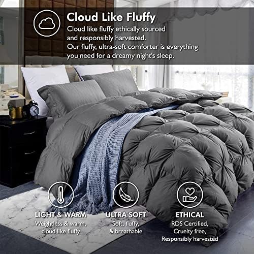 Luxurious All-Season Goose Down Feather Fiber Comforter King Size Duvet Insert, Exquisite Pinch Pleat Ruffled Twisted Flower, Premium Baffle Box, 100% Egyptian Cotton Cover, 70 oz. Fill Weight, Gray - Image 2