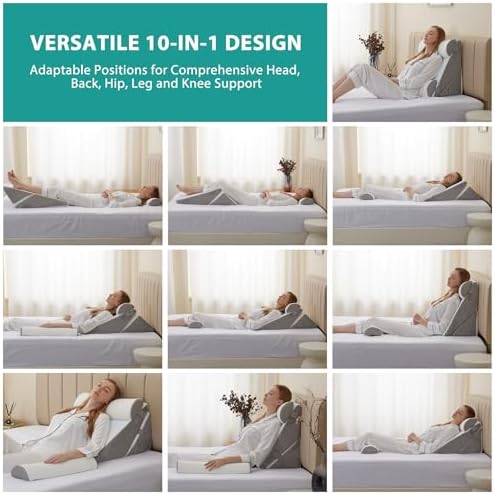 Bedluxe Adjustable 4pcs Bed Wedge Pillow Set, Memory Foam Wedge Pillows Post Surgery for Back, Neck, Leg Pain Relief, Pillow Wedge for Sleeping, Sitting up in Bed, Acid Reflux and GERD, White/Grey - Image 3