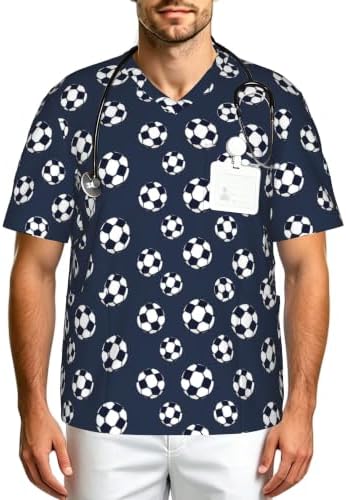 Men's Scrub Top,V-Neck Spill Wrinkle Resistant,3 Pockets-Soccer Ball (2) by Unknown