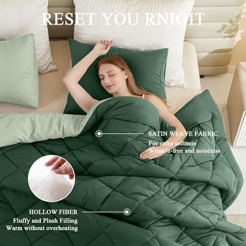 MIOTO 132x120 Alaskan King Comforter, Extra Large King Size Comforter Oversized, All Season Soft Lightweight Quilt Down Alternative Duvet Insert with 8 Corner Tabs, Emerald Green&Sage Green - Image 3
