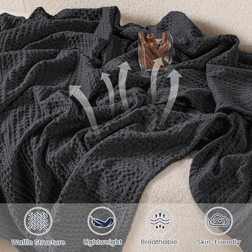 PHF Lightweight Waffle Weave Throw Blanket 50"x 60", Soft Woven Summer Blanket for Hot Sleepers - Aesthetic Home Decor for Couch Bed Sofa, Pet Friendly, Black - Image 3