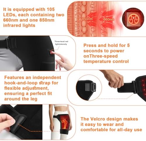 Red Light Therapy Hip Thigh Wrap, with 105 LED Beads, 660/850nm Light, 3 Adjustable Heat Levels, USB Powered, Large Coverage, Wearable Support for Thigh, Buttock & Lower Back (Heating) - Image 5