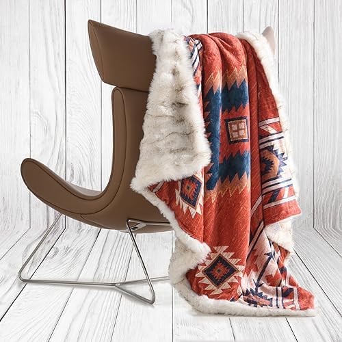 Luxury Plush Faux Fur Throw Blanket with Aztec Pattern, Super Warm, Fuzzy, Elegant, Fluffy Decoration Blanket for Couch, Armchair, Sofa and Bed, 50''x 60'', Red - Image 7